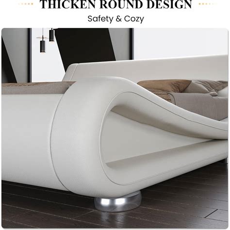 King Modern White Upholstered Platform Bed Frame with Sleigh Curved ...