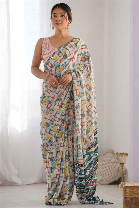 Buy Off-White Digital Printed Chinon Saree From Designer Lehenga Choli