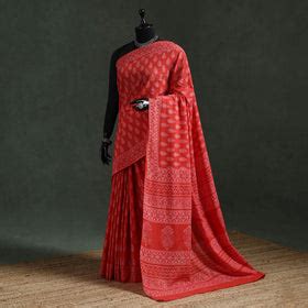 Red Pure Mul Cotton Hand Block Batik Print Saree