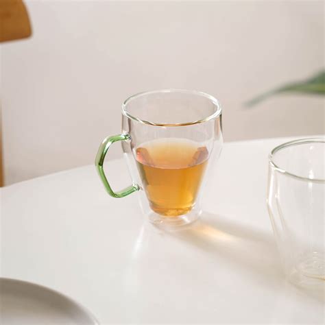 Set Of 2 Transparent Glass Mugs With Green Handle 250ml Online ...