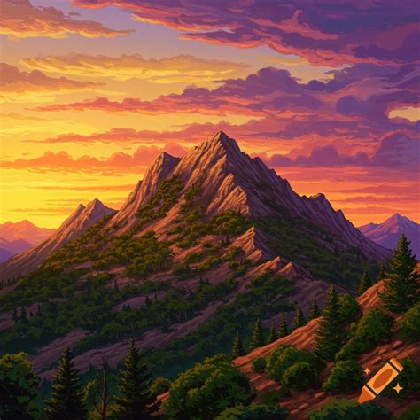 Colorful sunset over mountain with trees on Craiyon