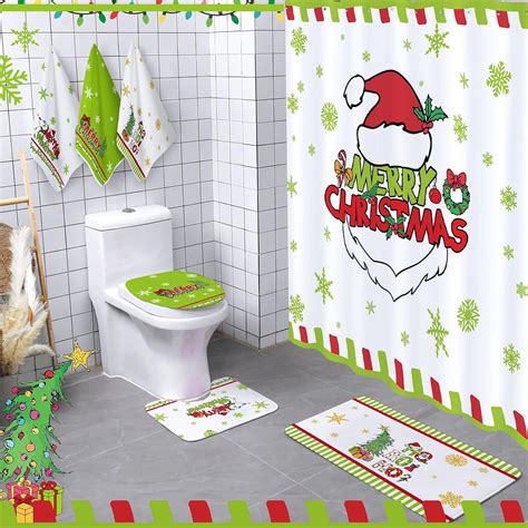 Amazon.com: Newwiee 7 Pcs Christmas Bathroom Set Xmas Shower Curtain ...