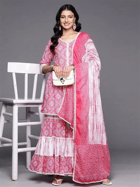 Buy Pink Printed Cotton Anarkali Kurti With Sharara & Dupatta Online at ...