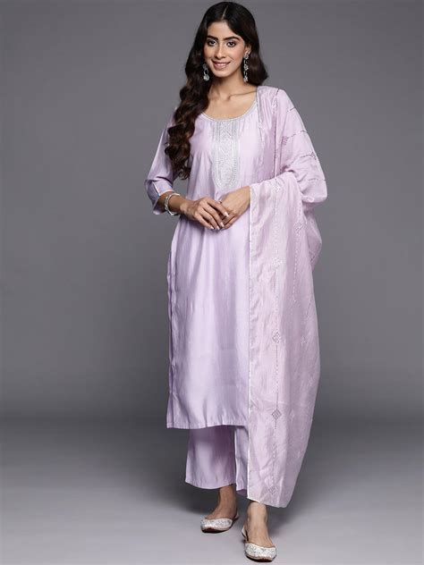 Buy Lavender Yoke Design Silk Blend Straight Suit With Dupatta Online ...