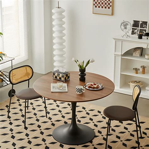 Modern Round Brown Manufactured Wood Brown Top Dining Table with Black ...