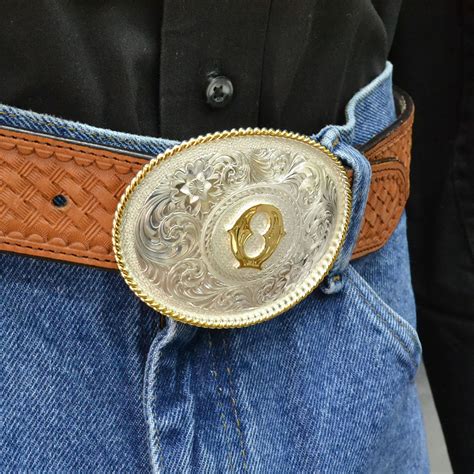 Initial O Silver Engraved Gold Trim Western Belt Buckle | Montana ...