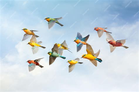 Premium Photo | A group of colorful birds are flying in formation with ...