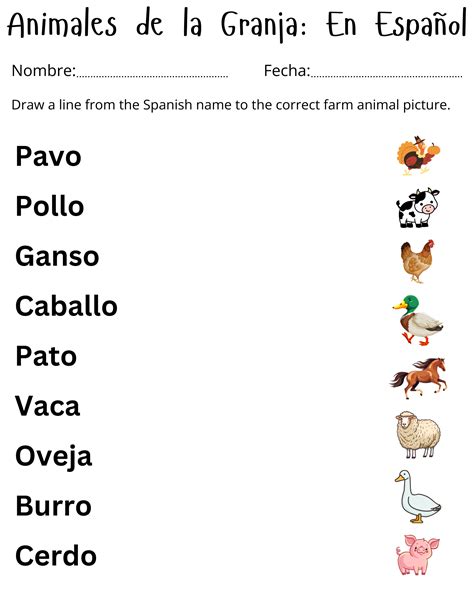 printable farm animals in spanish worksheet - animales de granja para ...