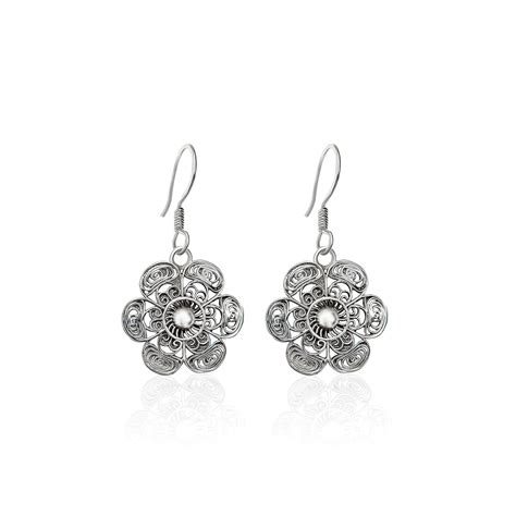 INARI SHINES 925 Oxidised Silver Filigree Flower Dangle Earrings | Gift ...