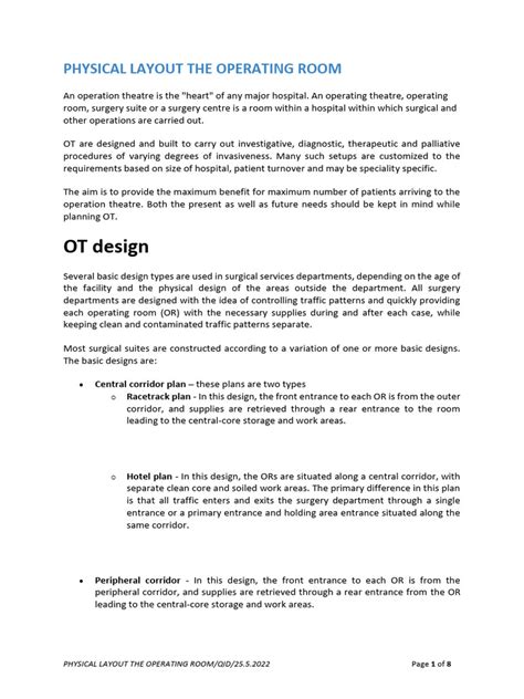 PHYSICAL LAYOUT THE OPERATING ROOM | PDF | Operating Theater | Surgery