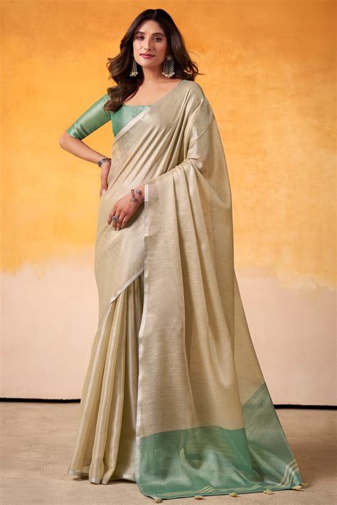 Buy Salt Cream and Green Woven Tissue Silk Saree Online - MySilkLove