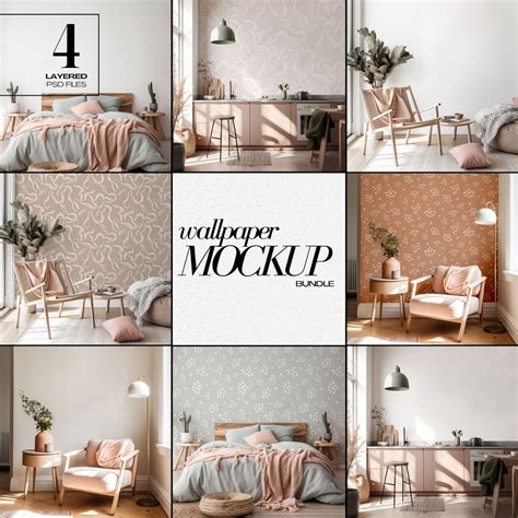 PSD Wallpaper Mockup Bundle Boho Interior Mock up for Wall Covering ...