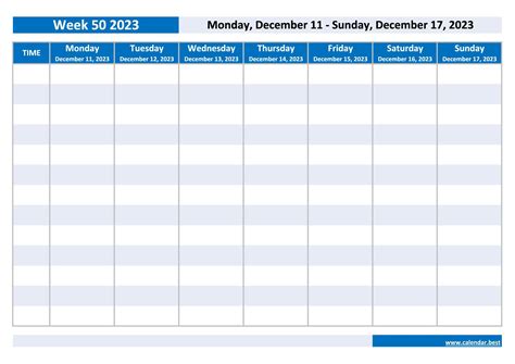 Week 50 2023: dates, calendar and weekly schedule to print