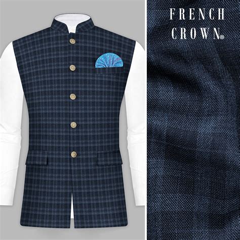 Baltic Blue Checks-palid Premium Wool-Blend Wedding Nehru Jacket For Men.