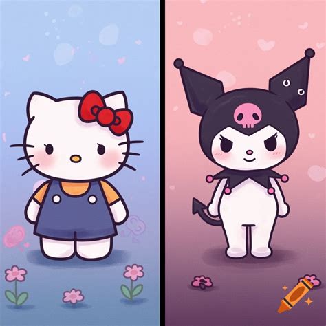 Hello Kitty and Kuromi are standing side-by-side against gradient backgrounds. on Craiyon