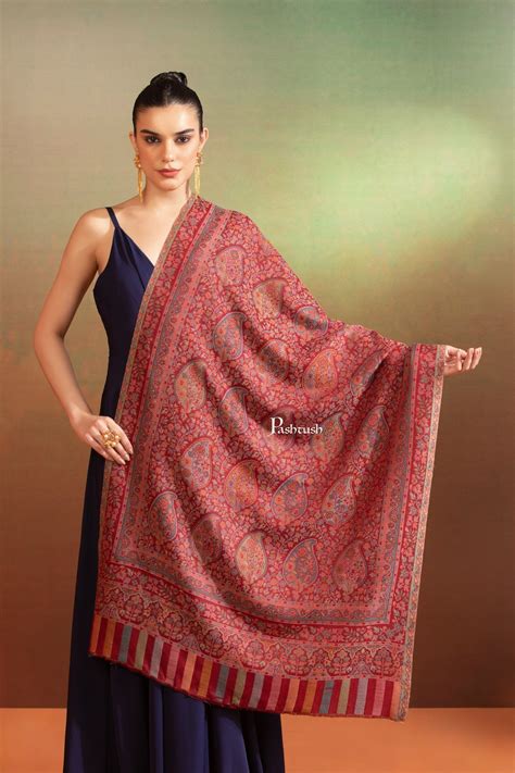Pashtush Womens Extra Fine Wool Stole, Ethnic Weave Design, Maroon ...