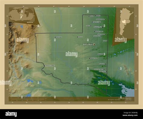 La Pampa, province of Argentina. Colored elevation map with lakes and ...
