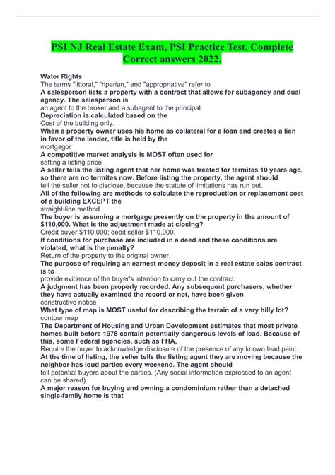 PSI NJ Real Estate Exam, PSI Practice Test, Complete Correct answers ...