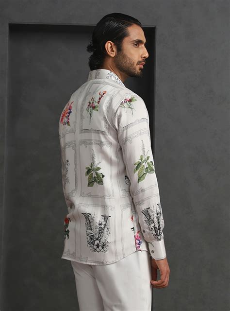 Cream Slim Fit Tencel Shirt with Refined Print Detailing