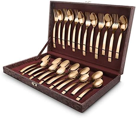 FnS RAGA 24 Karat Gold Plated 24 Pcs Cutlery Set with Leatherette Box ...