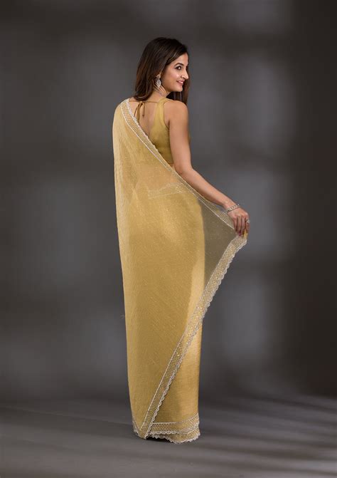Buy Mehendi Silver Stonework Tissue Saree - Koskii