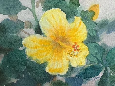 Yellow Hibiscus Flower - Original Watercolor Painting Hawaii - Maui Hands
