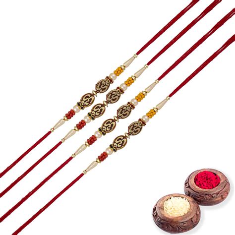 Om Rakhi Set of 4 with Roli Chawal and Raksha Bandhan Greeting Card Fo ...