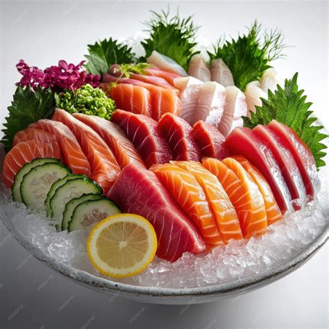 A platter of fresh sashimi showcasing various types of fish arranged ...