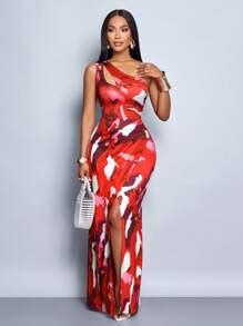 SOLERSUN Floral Printed Pleated Hollow Out High Slit Asymmetric ...