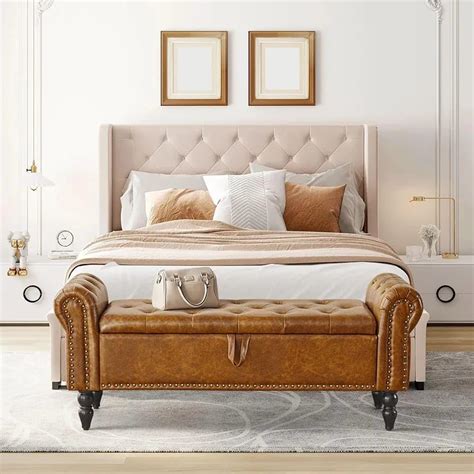 MTK WOOD PLAZA Storage Ottoman Bench, Leather Sofa Bench End of Bed ...