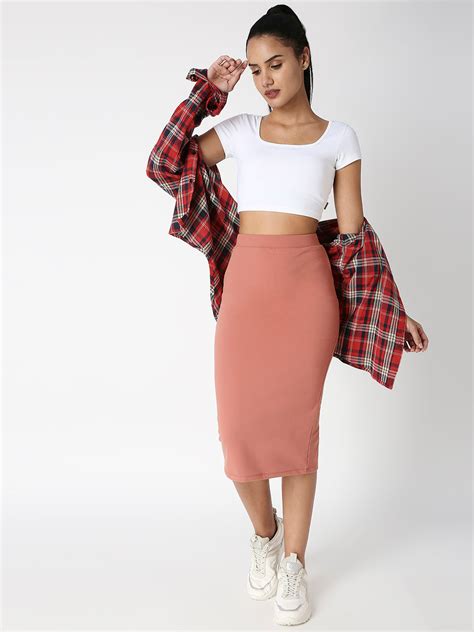 Disrupt Women Peach Back Slit Slim Fit Midi Skirt