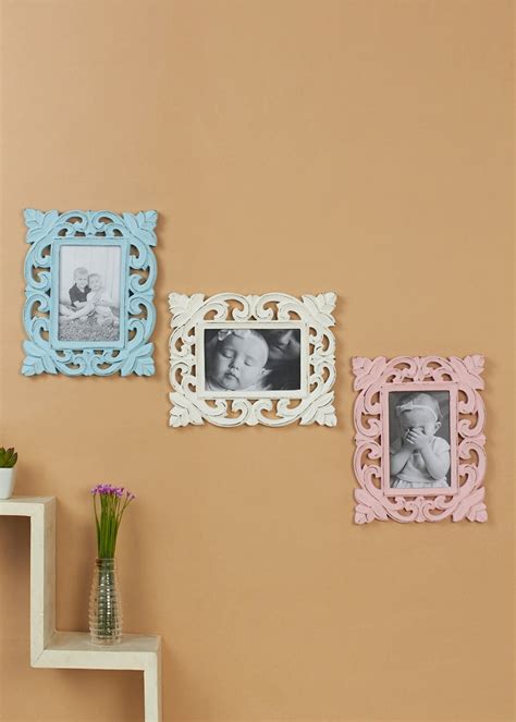 Get Set of 3 Wall Hanging Wooden Carved Photo Frame in Light Blue ...