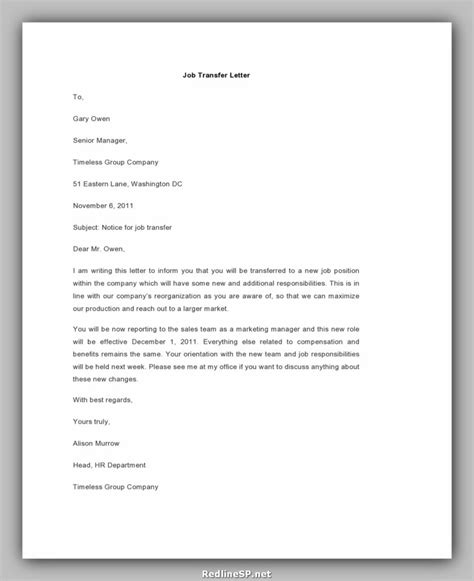 Image result for Work Transfer Letter Sample