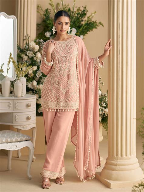 Embroidered Georgatte Kurti With Pant & Dupatta – Meenabazaar