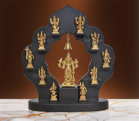 Intricate Brass Dashavatara: Lord Vishnu's Ten Avatars Idol with Woode ...
