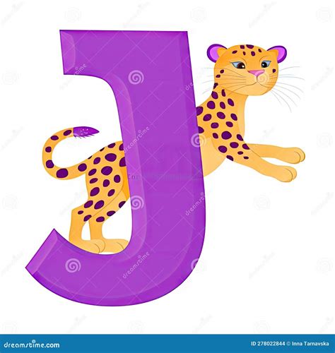 Kids Alphabet. Cute Cartoon Jaguar, Jumping Near Purple Letter J on White Background. Children ...