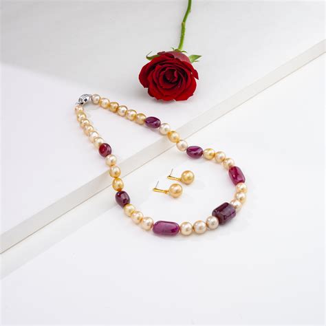 Natural Ruby Beads and 11.0-12.0mm Golden Near Round South Sea Pearl N ...