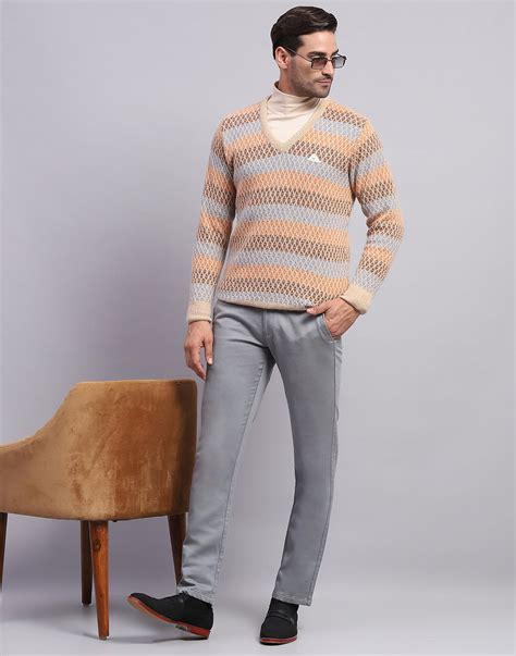 Buy Men Camel Brown Self Design V Neck Full Sleeve Pullover Online in ...