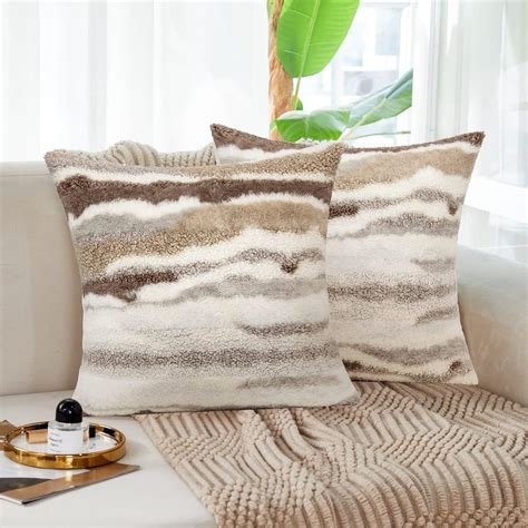 Amazon.com: Fluffy Tan Cream Throw Pillow Covers Set of 2 Decorative ...