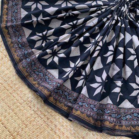 Athangudi Tiles- Charcoal, Ajrak Hand Block Printed On Madurai Cotton ...