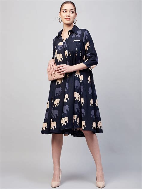 Blue Elephant Print Flared Dress