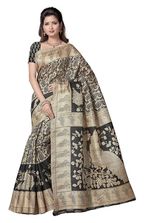 RANI SAAHIBA Women's Art Silk Saree with Blouse Piece (Beige & Black ...