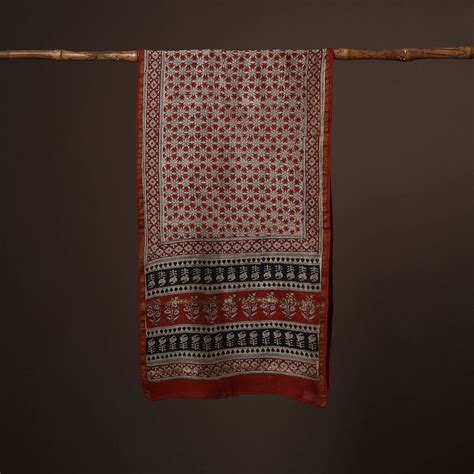 Red Chanderi Silk Handloom Natural Dyed Block Print Bagru Stole