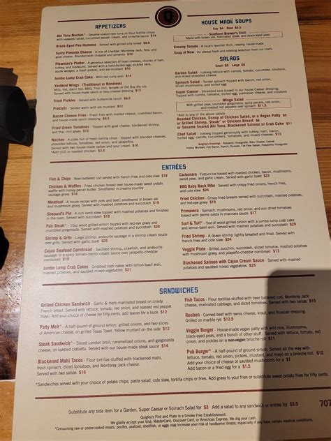 Menu at Quigley's 707 Pint & Plate restaurant, Murrells Inlet