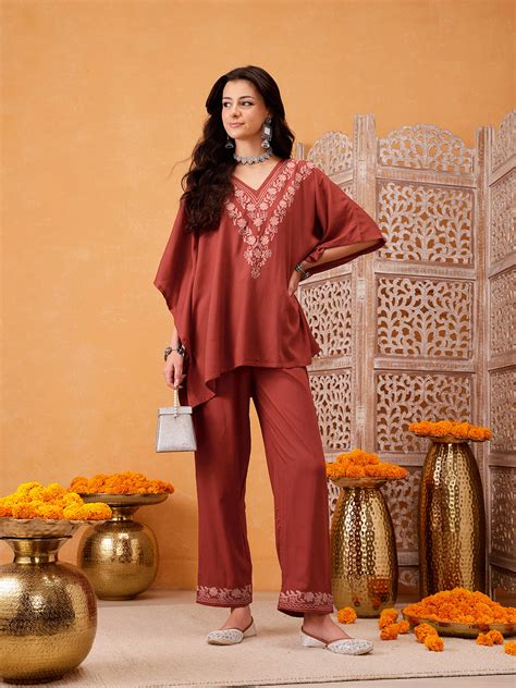 Qazmi Shahira Kashmiri Aari Work Orange Kaftan CoOrd Set