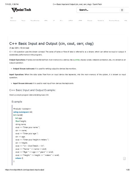 C++ Basic Input and Output (cin, cout, cerr, clog) - Tpoint Tech Guide ...