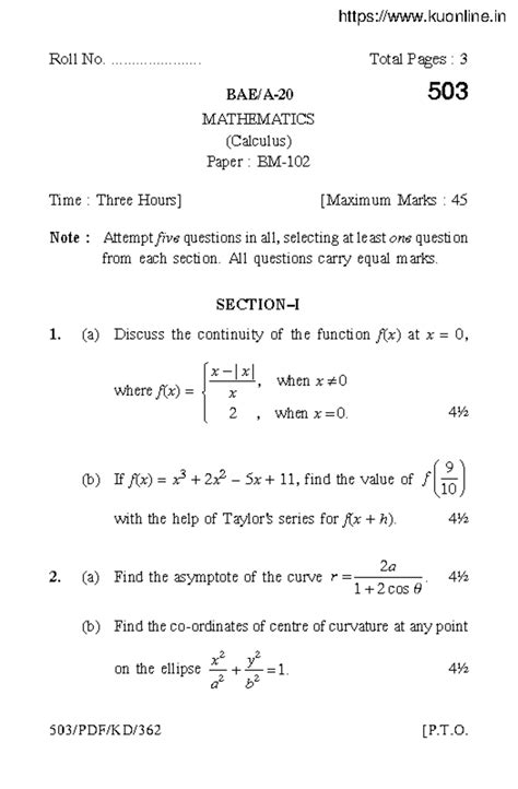 BSc Part 1 Mathematics (Calculus) 503 Exam Paper 2020 - Studocu