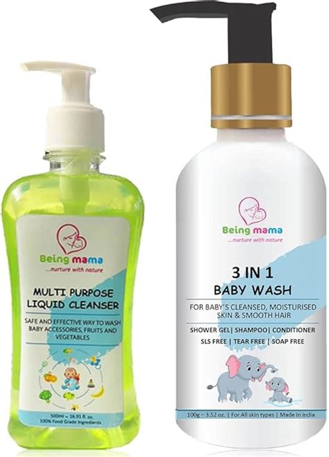 Beingmama Multipurpose Liquid Cleanser (500ml) & 3 in 1 Baby Wash (100g ...