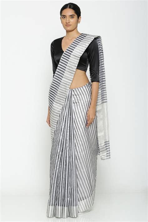 Silver Silk Stripe Dhoori Saree – Via East