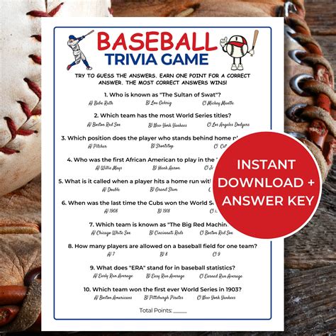 Baseball Trivia Game, Printable Baseball Team Party Games for Kids and ...